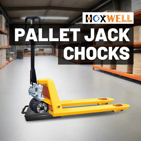 Kickass Heavy Duty Pallet Jack Wheel Chock With Anti Slip Grip, Truck Trailer Rubber Stopper Block For Warehouse Dock Safety, Top Shelf Quality Design That Keeps Your Rig Locked In Place All Day Long So It Rolls Nowhere, shown in warehouse setting.
