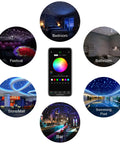 App interface and six uses for Starlight Headliner Kit For Cars With Shooting Star And Twinkle Effects Dope RGBW Fiber Optic Lights