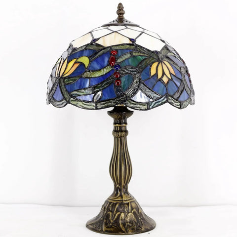 Tiffany Style Stained Glass Table Lamp Blue Lotus Aesthetic Bedside Light For Desk And Reading, 12x12x18 Inches Decor