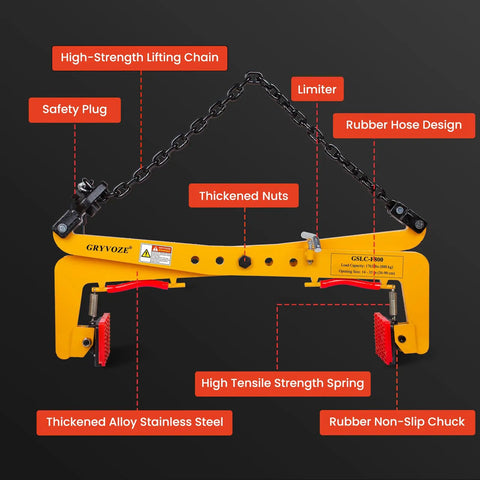 Top Shelf Granite Slab Lifting Clamp With Scissor Action And Generous Adjustable Span showing high-strength lifting chain and features.