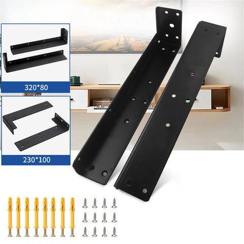 Heavy Duty Metal Shelf Brackets For Wall Mounting shown with screws and anchors, 320x80 and 230x100 sizes, black finish.