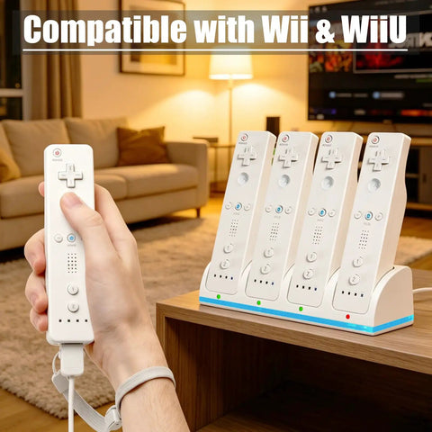 4 Port Wii Remote Charging Dock With LED Indicator showing 4 Wii controllers charging in a living room setting.