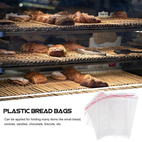 Bakery display with pastries and clear resealable cookie bags 10x15cm self sealing snack bags OPP pouches pack of 100 seen on side