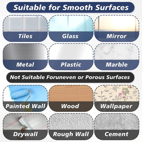 Image showing surfaces suitable for No Sweat Heavy Duty Suction Cup Shower Hooks In Matte Black for easy bathroom setup.