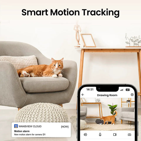 2K Indoor Security Camera With 360 Degree Pan Tilt, 2.4Ghz WiFi, Two Way Audio monitoring cat on armchair with alert screen