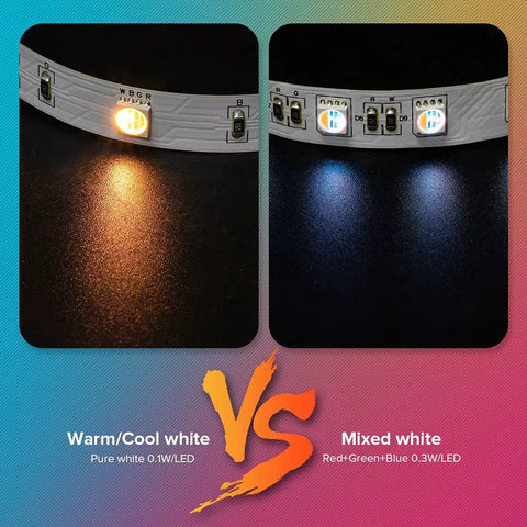 RGBW Bluetooth LED Strip Lights With App Control, 65.6ft Color Changing Tape Featuring RGB And Pure White 2700K-7000K comparison