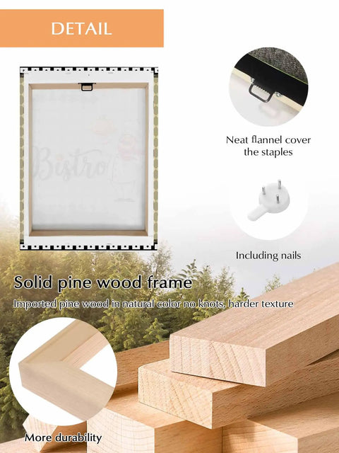 Back view of Vintage Cook Canvas Wall Art Print For Kitchen And Home Decor, showing solid pine wood frame and pre-installed hardware.