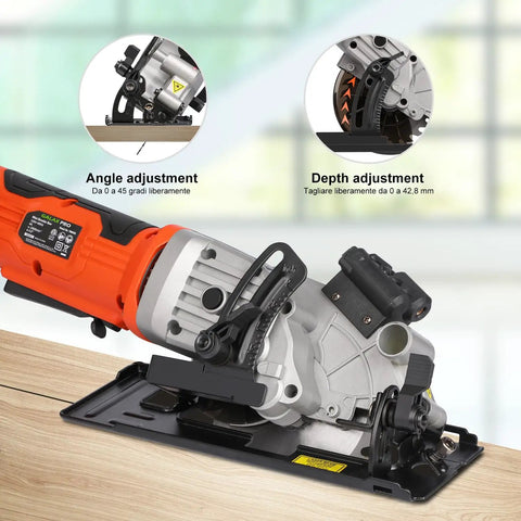 Heavy Duty Mini Circular Saw With Beefy 4 Amp Motor And Crisp Laser Sight For Dang Clean Cuts On PVC Laminate Drywall And 2x4s Featuring Slick Dust Collection Port showing angle and depth adjustment features.