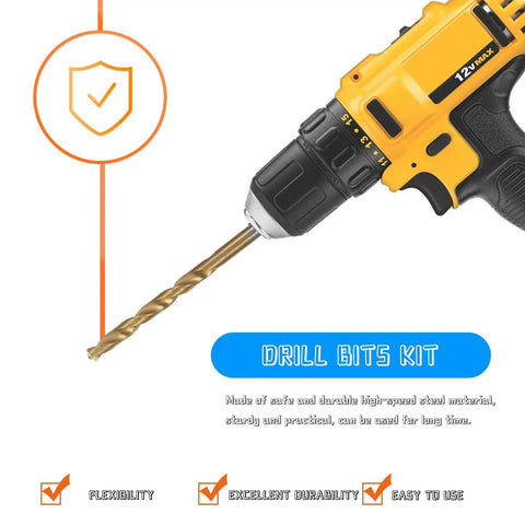 Top Notch 19-Piece Cobalt Steel Twisted Drill Bit Set For Metal Drilling High Speed Impact Ready Kit With Tough HSS Construction For Long Durable Performance On Any Job You Got. 12V drill with gold twist bit