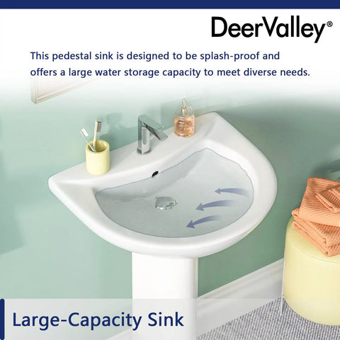 Compact White Ceramic Pedestal Sink With Overflow And Pre Drilled Single Hole 20 By 17 Inch Bathroom Sink Space Saving Design