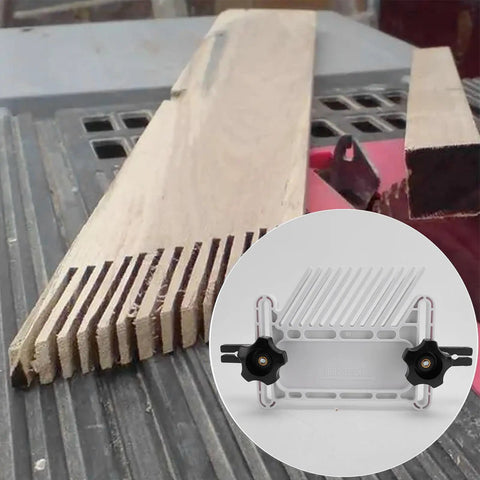 Boss Level Adjustable Featherboard Kit With Stackable Safety Guide And T Track Miter Slot Locking System For Table Saw And Router Tables Kickback Killer Keeps Workpieces Rock Solid In 3 By 4 And 3 By 8 Slots Two Pack with wood pieces on the table saw.
