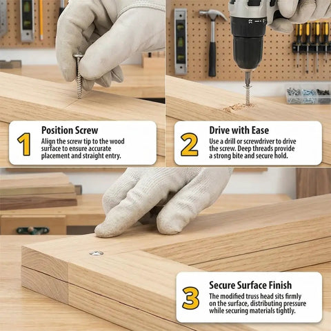 Premium Zinc Plated Wood Screws Featuring Truss Head And Phillips Drive For Smooth Power Drill Installation Badass Eight By Half Inch Fasteners For Indoor Carpentry Rock Solid Steel 100 Pack shown in step-by-step installation guide.