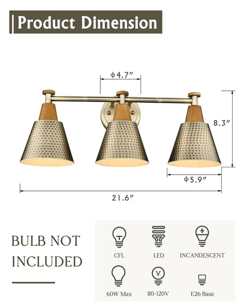 Antique Gold 3 Light Bathroom Vanity Light Fixture Industrial Modern Wall Sconce With Hammered Metal Shade E26 Base shown with dimensions