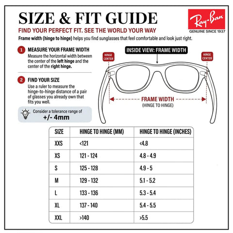 Size and fit guide for eyewear, showing measurements from hinge to hinge in mm and inches for XXS to XXL sizes.