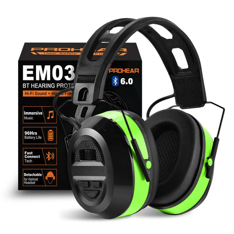 Bluetooth Hearing Protection Earmuffs With 26dB NRR For Yard Work And Mowing Ultra Long Battery Life 1500mAh Stable Bluetooth 6.0 HiFi Sound Noise Reduction Four Weeks Run Time Green Gift For Dad in front of product box