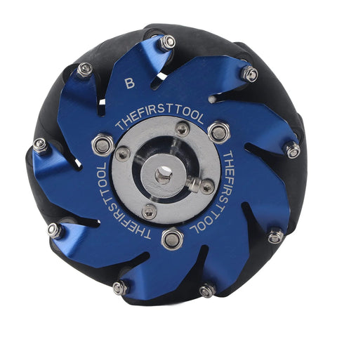 Blue aluminum left mecanum wheel with TPU rollers, 4-inch robot wheel
