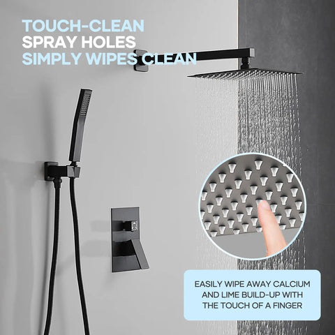 Top Shelf Matte Black Shower Faucet Set With 10 Inch Rainfall Shower Head And Tub Spout, Solid Stainless Steel Bathroom Fixture With Triple Spray Functions for easy cleaning spray holes.