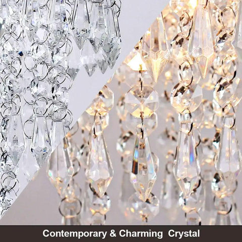 Close-up of Small Three Tier Crystal Chandelier LED Pendant Light with dope raindrop crystals in chrome finish for living room