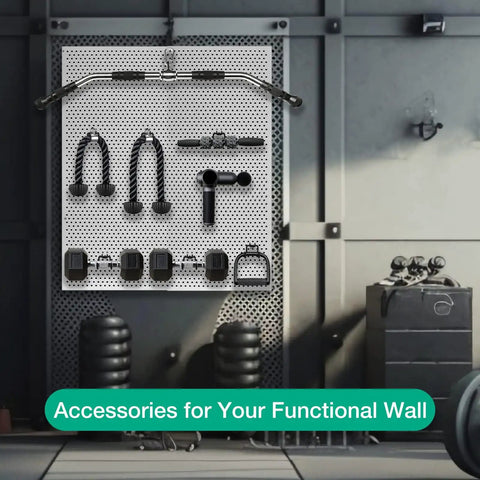 Wall-mounted pegboard with gym equipment and accessories in a modern workout room.