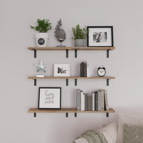 Premium Set Of Six Rustic Brown Floating Wall Shelves Straight Upgrade Your Home With Legit Storage Solutions And Trendy Wall Decor For Bedroom Bathroom Kitchen Organization, displaying plants, books, and decor.