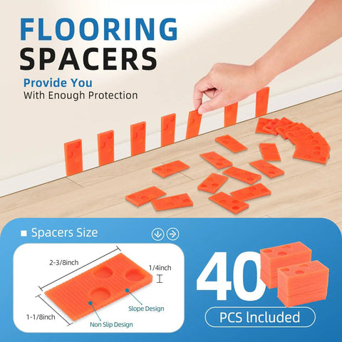 Laying orange spacers from 43-Piece Laminate Flooring Tools Kit For LVP And Vinyl Installations, showing size and design details.