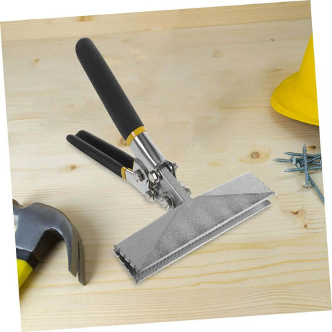 Go To Workhorse Hand Seamer Tool And Metal Bender with non-slip handles and precision jaws on a wooden surface next to a hammer