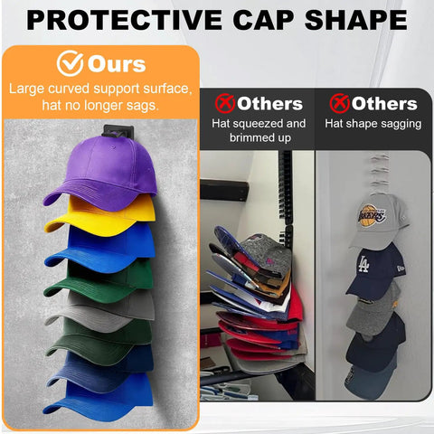Hella Smooth Two Pack Hat Organizer For Baseball Caps, showing organized caps with protective shape and wall mount design.