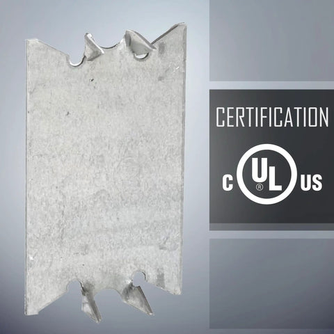 Close-up of Go To Cable Protector Plate for Wood Studs 2-9/16 Inch Long showing steel spikes next to UL certification mark.