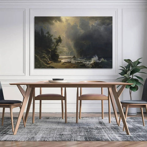 Dope Vintage Canvas Wall Art Featuring Puget Sound On The Pacific Coast By Albert Bierstadt Lit Landscape Print Ready To Hang in modern dining area.