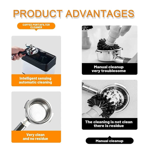 Slick Electric Coffee Knock Box With Quick Portafilter Cleaner For Tight Espresso Pucks showing automatic cleaning features and tools.