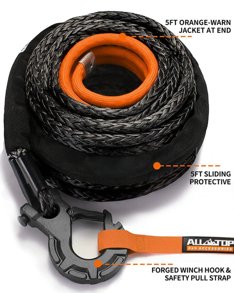 Heavy Duty Synthetic Winch Rope Kit Half Inch By Ninety Two Feet With Forged Hook Isolator Rubber Stopper And Safety Pull Strap 31500 Lbs Break Strength UHMWPE Braided 12 Strand Cable Replacement with orange safety highlights and forged hook.