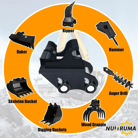 Diagram of Mini Excavator Quick Change Hitch Coupler Mechanical Attachment Connector for 0.6 to 3 Ton Machines with various tool attachments.