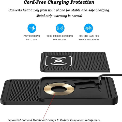 Cord Free Wireless Charger Pad For Ford Explorer EV 2024 2025 2026 Features non-slip base and Qi charging design with metal coil.