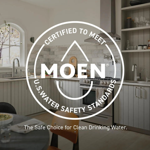 Low Arc One Handle Chrome Bathroom Faucet With Aerated Flow in modern kitchen setting with safety certification label.