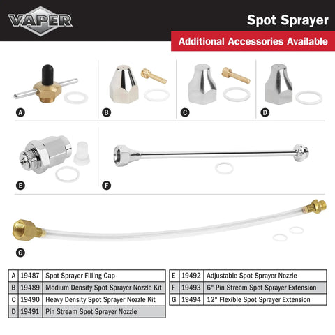 Accessories for Red Spot Non Aerosol Sprayer 32 Oz Refillable Rebuildable Spray For Safe Spot Cleaning Propellant Free Not For Paint Or Flammable Propellants Kit 19420 Includes 19420 Rebuild Kit, including nozzles and extension tubes.