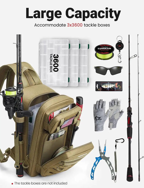 All In One Fishing Backpack Tackle Bag With Two Rod Holders Ready To Roll Multi Compartment Storage MOLLE System Water Resistant Lightweight Pack Double Shoulder Carry Khaki Fits 3600 Tackle Boxes shown with gear and tackle boxes.