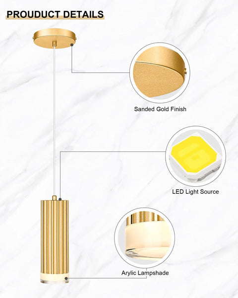 LED Pendant Light Fixtures Gold Cylindrical Pendant Lights For Kitchen Island Modern Living Areas Entryway Dining Room Bathroom And Bedroom 3 Pack Aluminum Alloy Body With Acrylic Shade showing sanded gold finish and LED light source