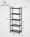 Kick The Clutter To The Curb With This No Sweat 5 Tier Steel Storage Rack Featuring Reinforced X Side Frames For Effortless Entryway Kitchen Bathroom Organization dimensions and weight capacity diagram.
