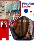 20 Pack Red Lockout Kit For Electrical Safety with Circuit Breaker Locks and Fire Alarm Locks in use on panels