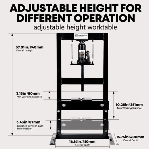 6 Ton Hydraulic H Frame Shop Press With Adjustable Table And Stamping Plates for auto and metalworking use, front view