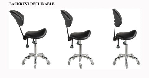 Ergonomic Saddle Stool With Back Support, Adjustable Height 20 To 29.5 Inches, Ideal For Medical Clinics, Studios, Salons, Offices And Home, Black, side and rear views showing reclinable backrest, chrome base, and durable wheels.