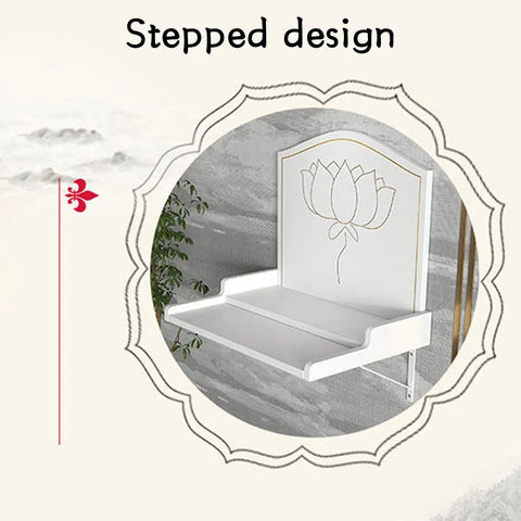White wall mounted Buddha altar shelf with lotus carving and metal brackets for home meditation and prayer, space saving design.