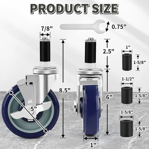 Dimensions of expandable stem caster wheels, 5-inch size, featuring measurements and components for various tube leg sizes.