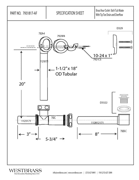 Specification sheet for No Fuss Above Floor Bathtub Overflow Drain Kit With Tip Toe Drain Valve and Two Hole Cover Matte Black.