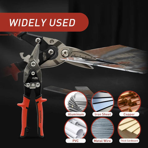Straight Up Heavy Duty Aviation Tin Snips Set cutting aluminum sheet with CRMO steel blades for precise metal trimming.