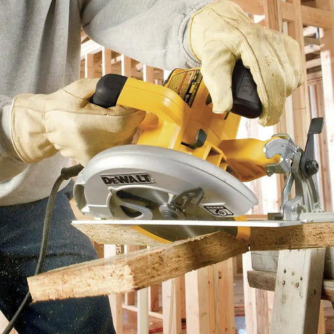 Lightweight 7-1/4 Inch Corded Circular Saw Featuring A Badass 15 Amp Motor With Snappy Electric Brake cutting through wood.