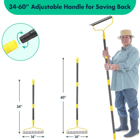 Person holding Heavy Duty 60 Inch Bow Rake With 14 Tines All Steel Garden Rake For Lawn And Landscaping Adjustable Handle From 34 To 60 Inches
