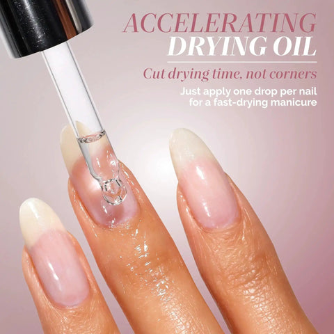 Instant Smudge Fix For Nails Smooths Dents And Imperfections Quick Dry Top Coat Booster showing dropper applying drying oil on manicured nails.