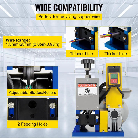 Wide compatibility feature of Heavy Duty Electric Wire Stripping Machine Automatic Cable Cutter 0.05 To 0.98 Inch Range for wire recycling.