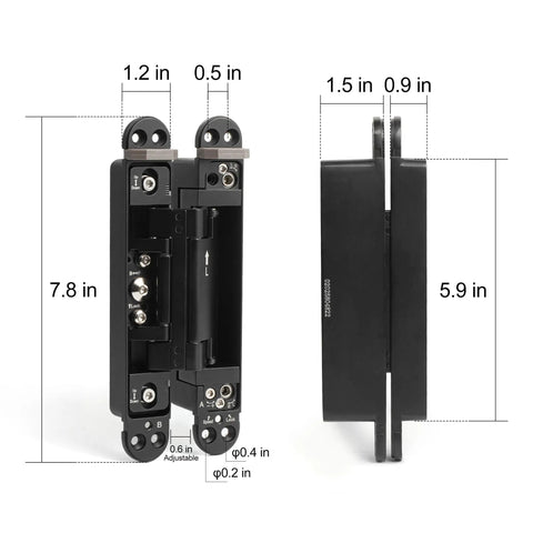 Heavy Duty Invisible Hydraulic Hinges 3 Pack 170 Degree Self Closing Concealed Door Hardware dimensions and features displayed.